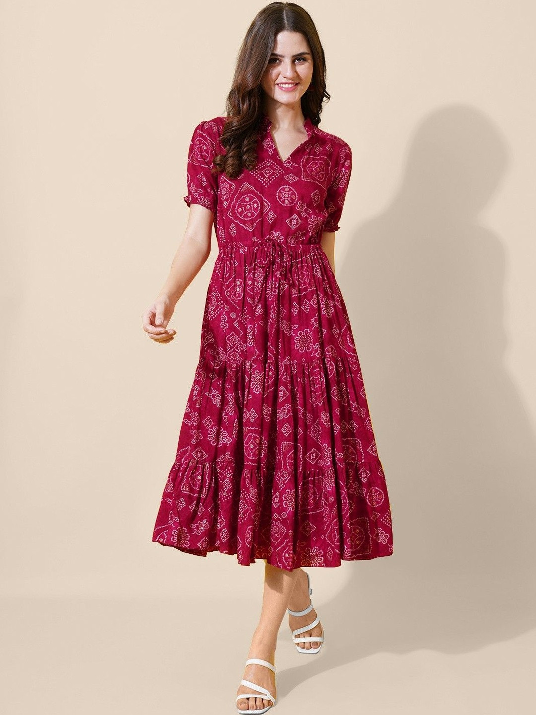 Jash Creation Ethnic Motifs Printed V-Neck Fit & Flare Midi Dress