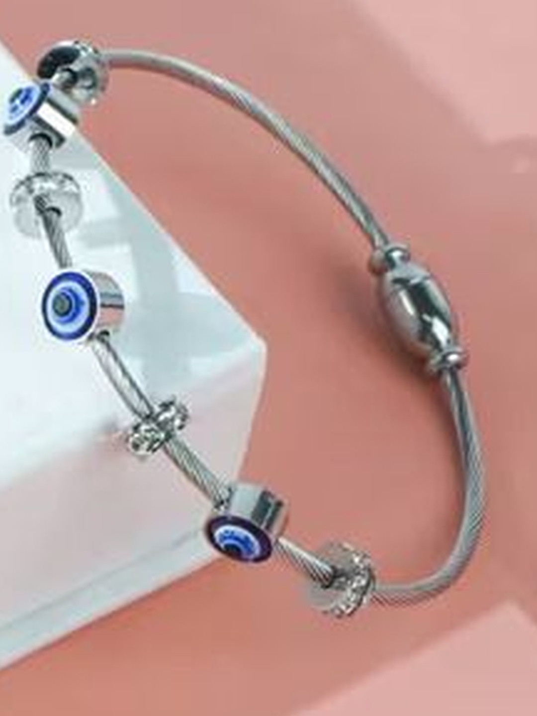 ISAMORA Stainless Steel Silver Plated Artificial Stones Studded Bangle-Style Bracelet