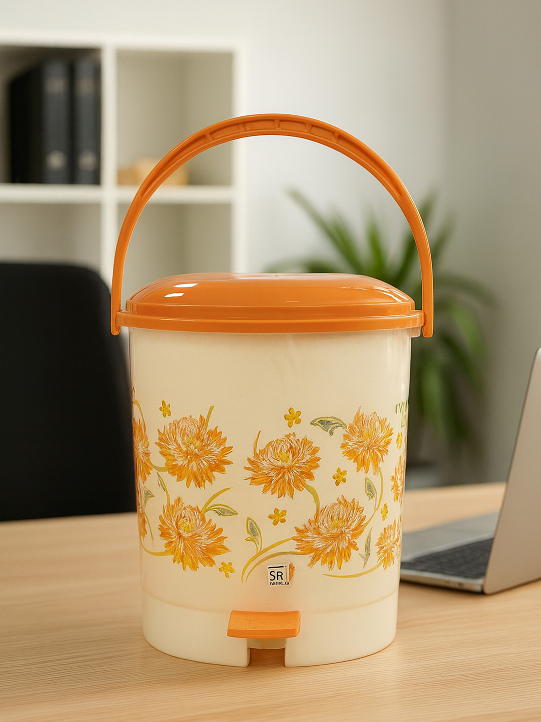 Kuber Industries Cream-Colored & Brown Printed Dustbin Garbage Bin With Handle - 10 L