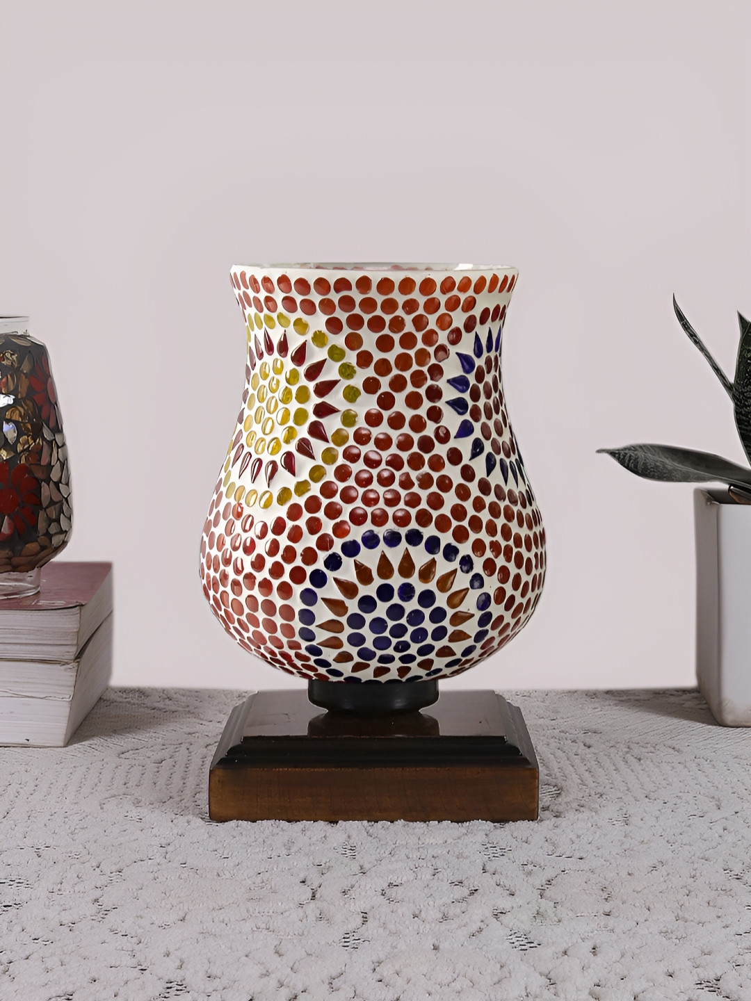 Aura Brown & Red Printed Wooden Bell Shaped Table Lamp With Square Base