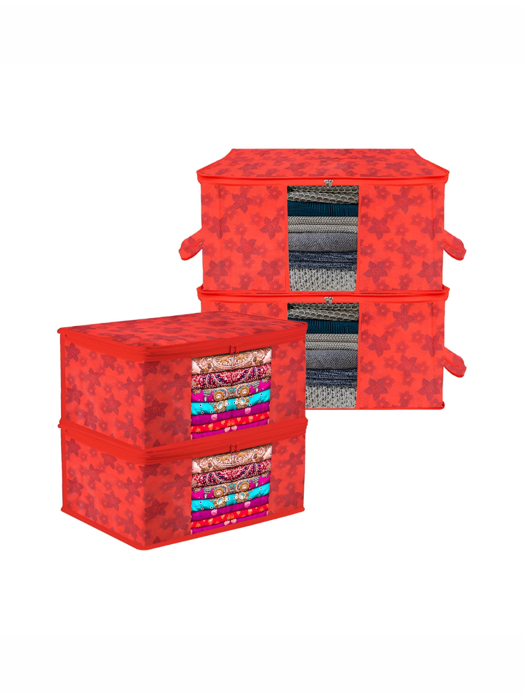 Aura Red & Purple 4 Pieces Flower Printed Drawer Organisers