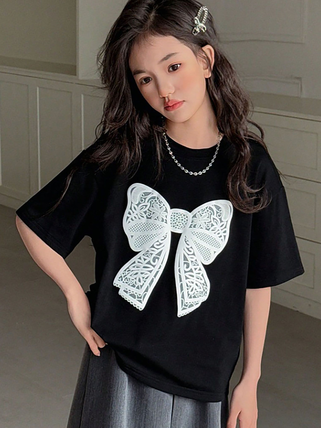 BRIEF CHICKADE Girls Bow Print Printed Round Neck Cotton Relaxed Fit T-shirt