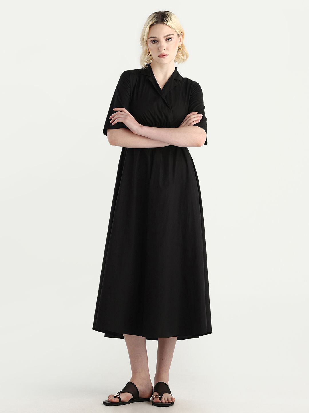 RAREISM Women Shirt Collar Cut-Outs Cotton A-Line Midi Dress