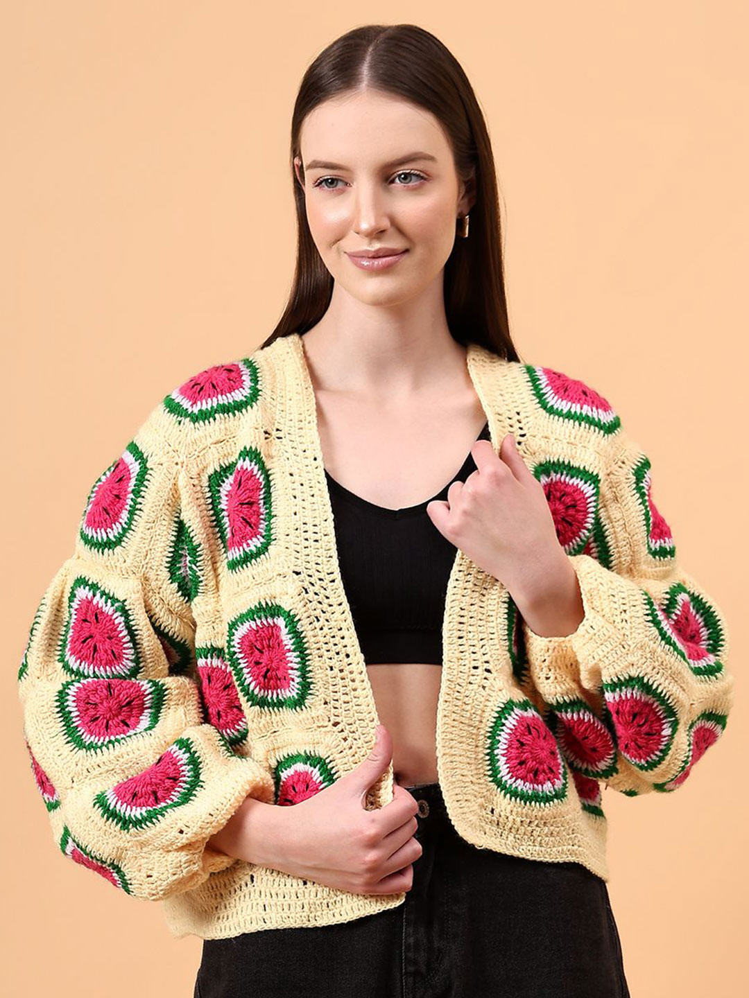 Velvery Women Watermelon Self Design Crochet Oversized Cardigan