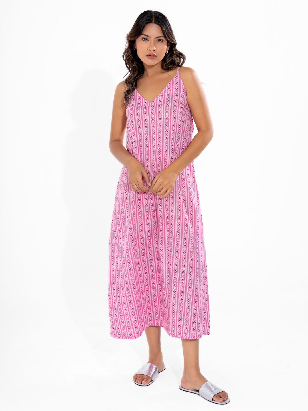 FEATHERS CLOSET Printed Shoulder Straps Pure Cotton Midi A-Line Ethnic Dress