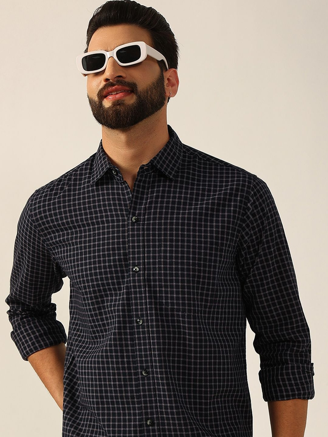 ENSPYR Men Navy Blue Checked Casual Shirt