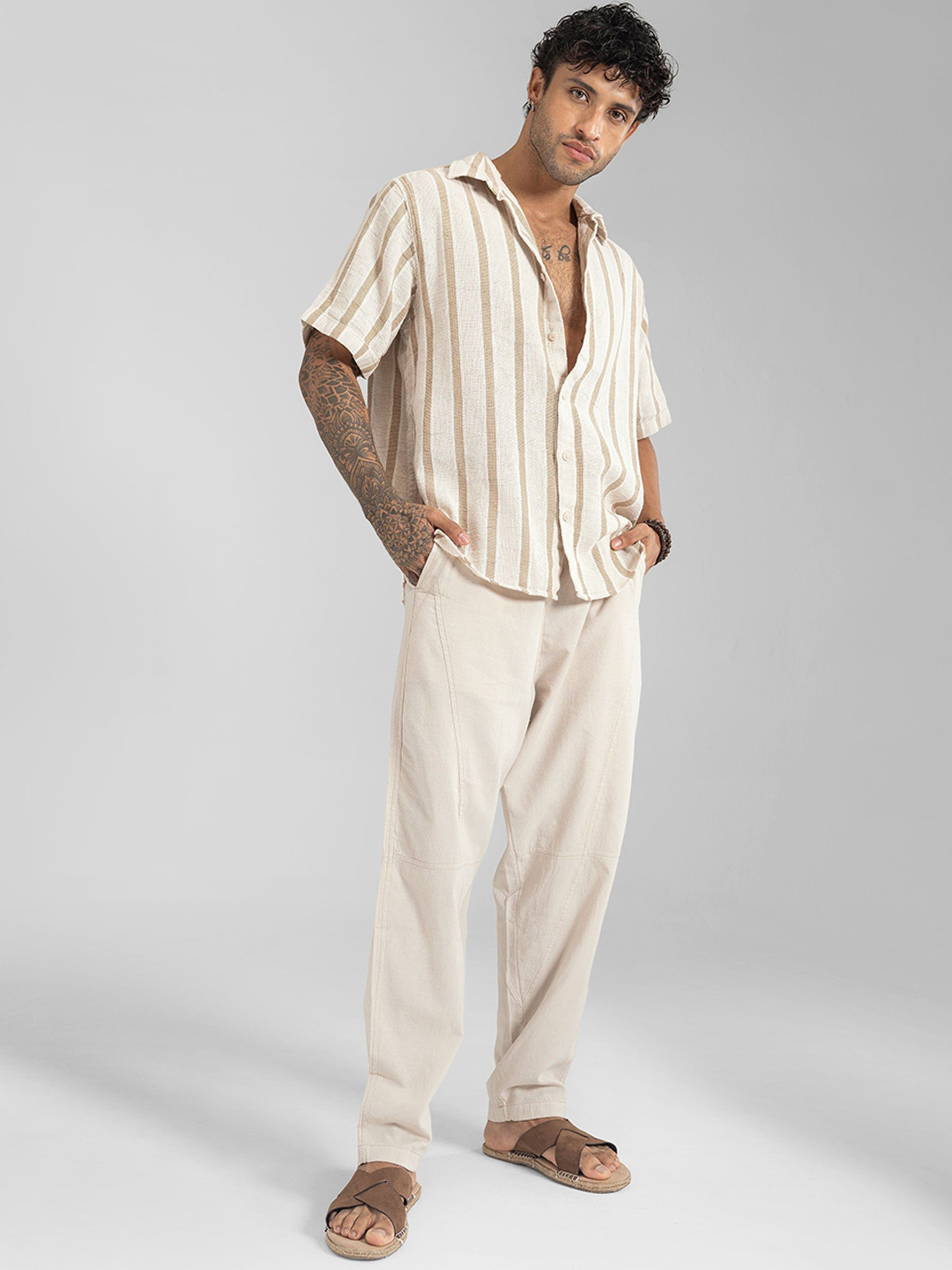 The Veshti Company Men Striped Comfort Relaxed Fit Mid-Rise Cotton Beach Lounge Pants