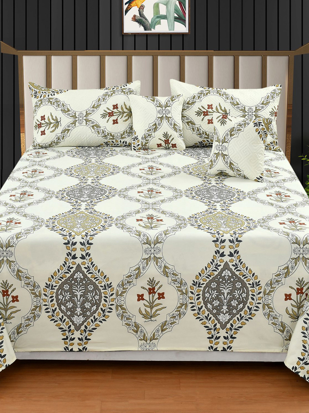 Homio  Porcelain Cream & Green Floral 300 TC King Bedsheet