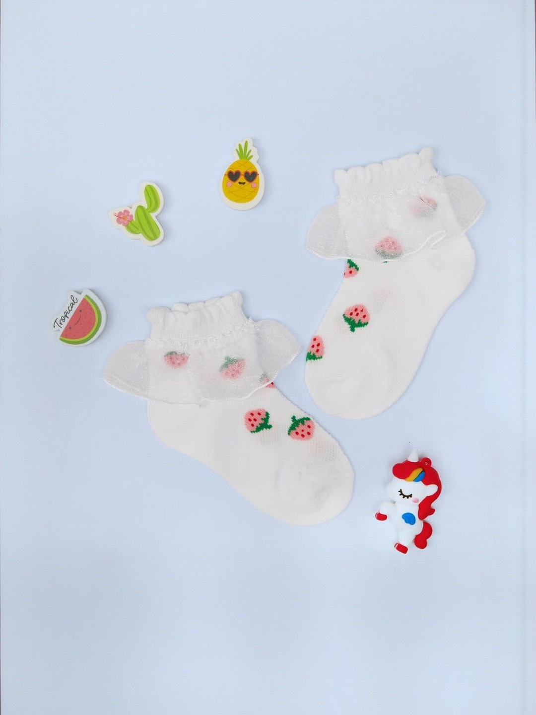 NESKA MODA Girls Set Of 2 White & Pink Printed Lace Trim Ankle Length Cotton Socks