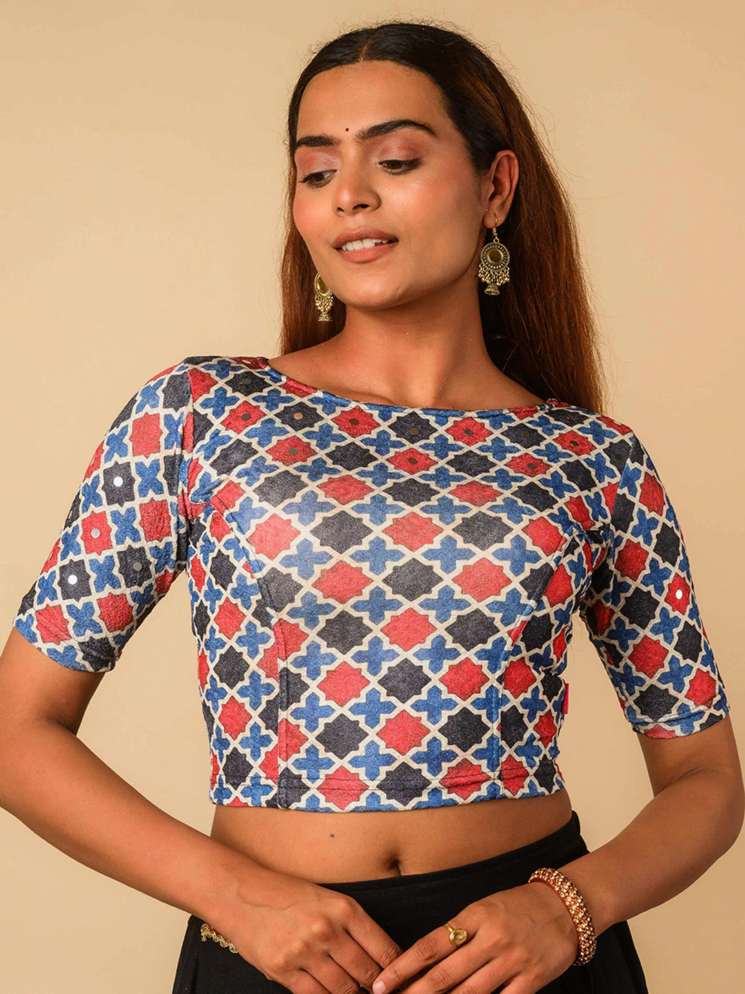 Bindigasm's Advi Shabaa Ajrakh Printed Boat Neck Jacquard Saree Blouse
