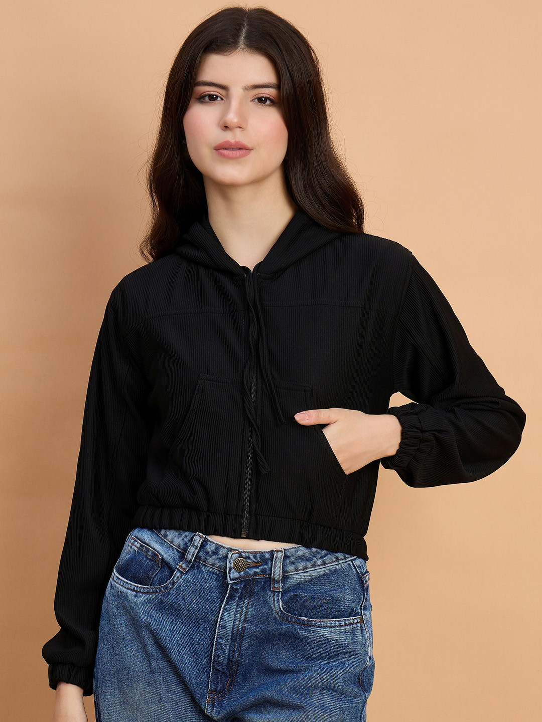 QIOA Ribbed Lightweight Hooded Zip Detail Crop Bomber Jacket