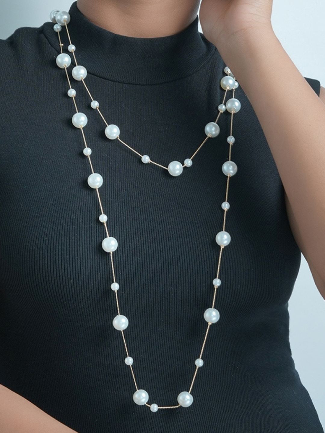 AQUASTREET Gold Plated Dual Layered White Pearl Long Necklace