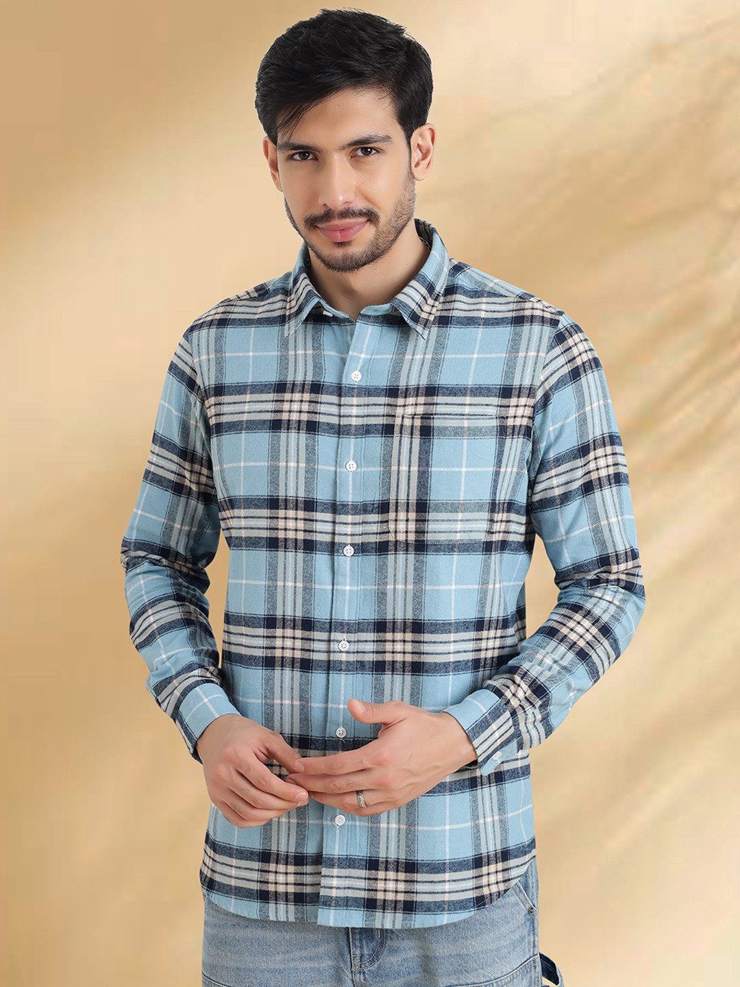 NEON CHILLIE Slim Fit Other Checks Checked Spread Collar Cotton Shirt