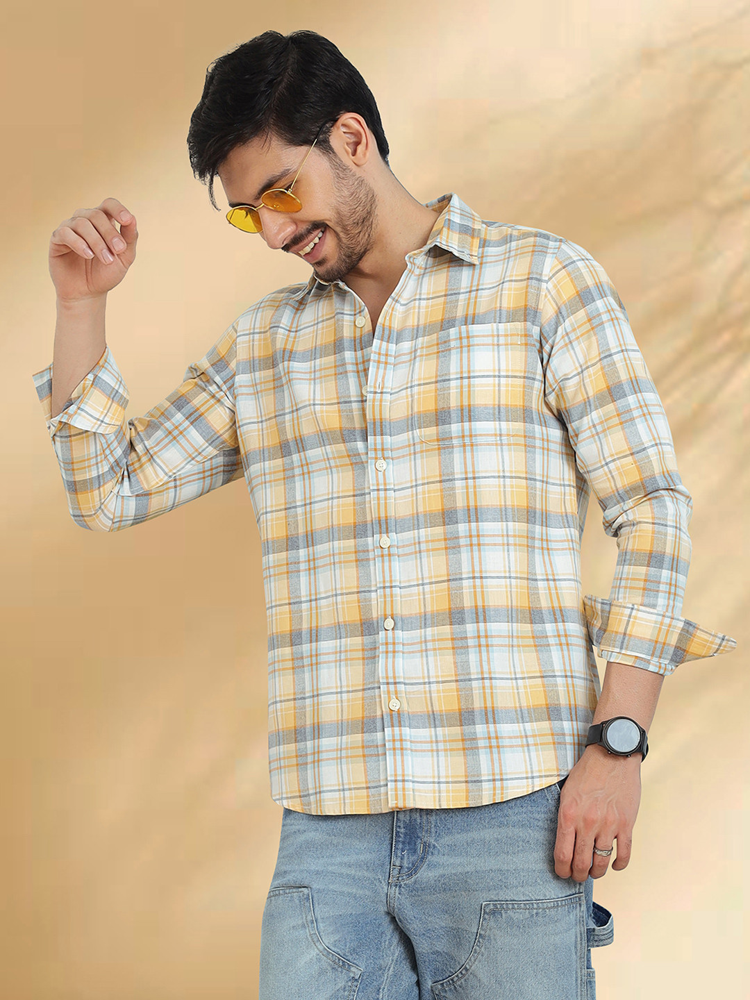 NEON CHILLIE Slim Fit Checked Long Sleeves Cotton Shirt