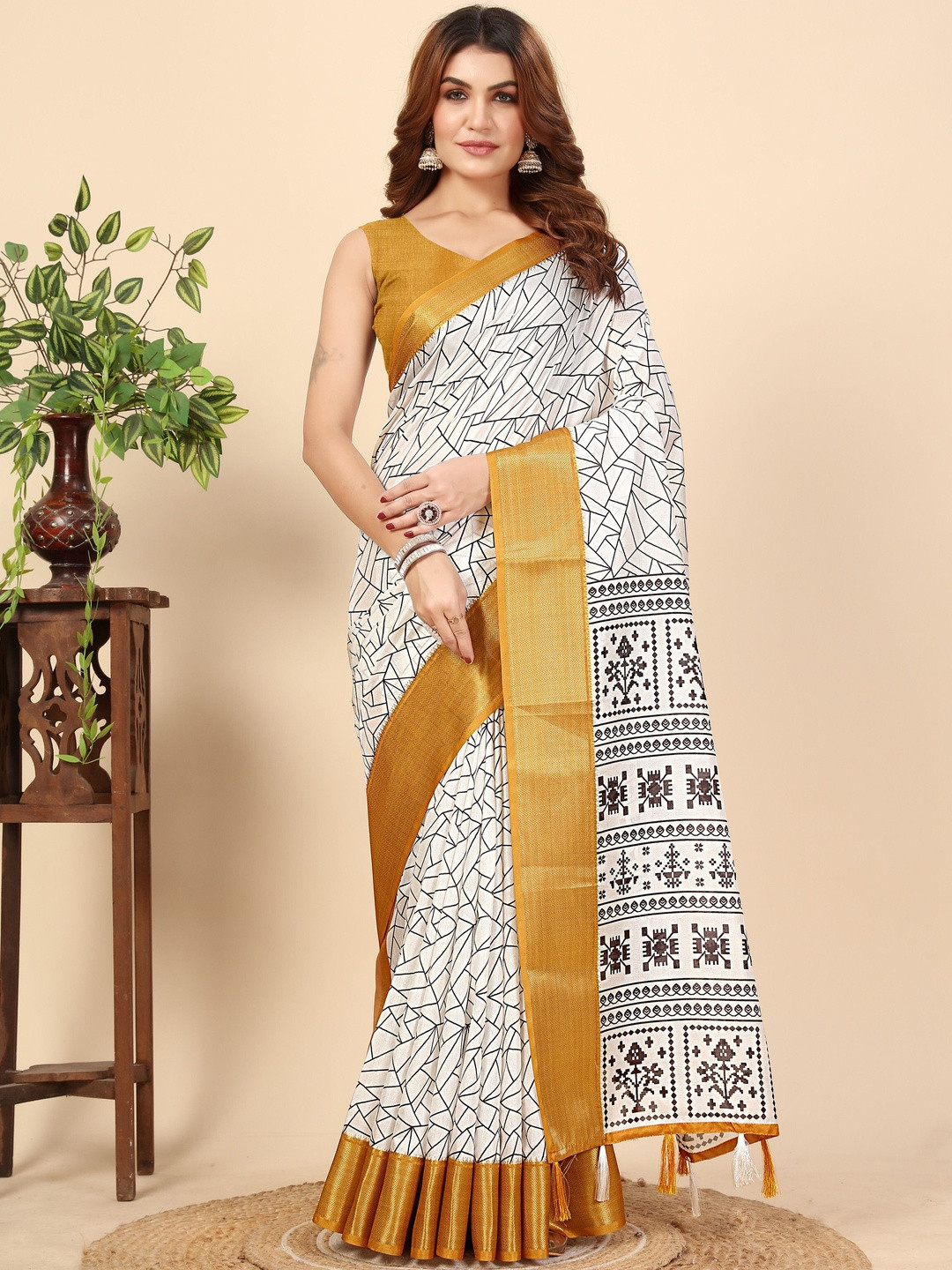 J 6 DESIGNER Geometric Printed Art Silk Block Print Saree