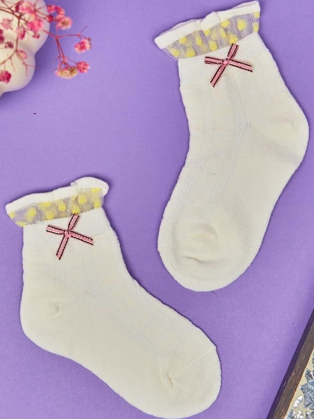 NESKA MODA Girls Set Of 2 White & Purple Lace Trim Ankle Length Cotton Socks