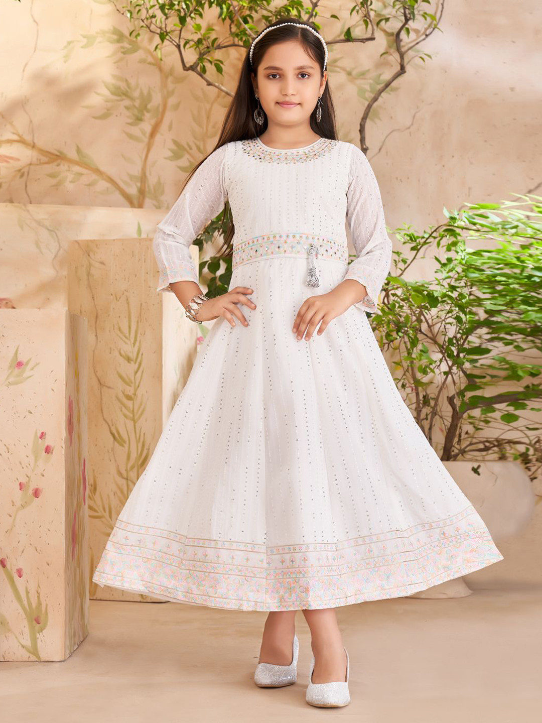 BAESD Girls Self Design Round Neck Gown Dresses
