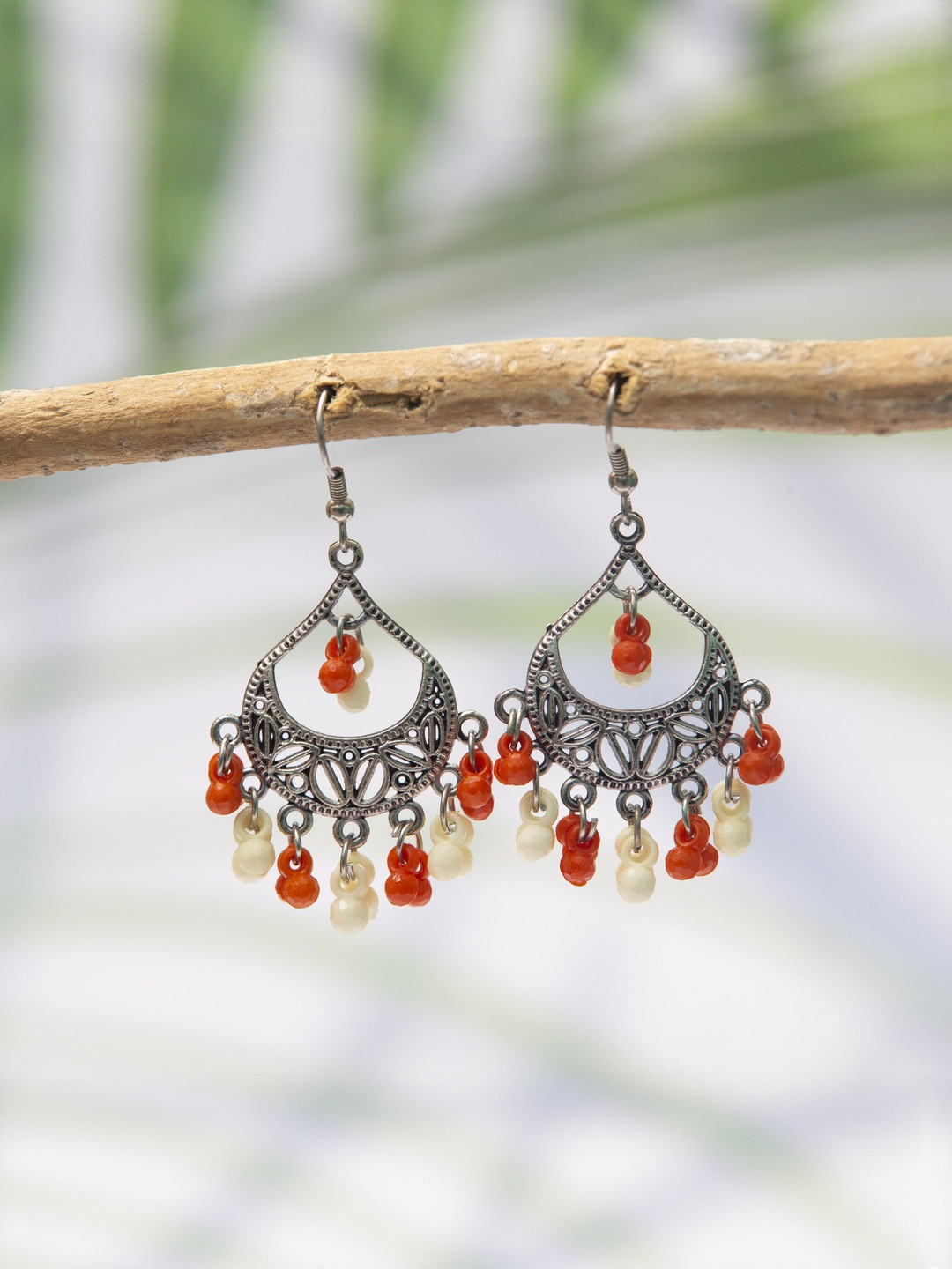 Creative Frogs Oxidized Silver-Plated Orange Beads Chandbali Earrings