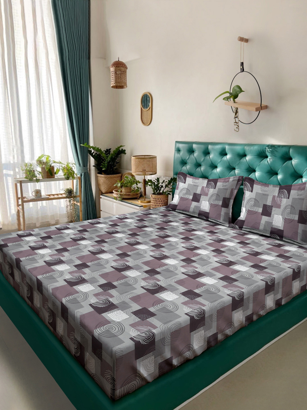 Myntra Elegant Homes Purple Geometric Fitted 400TC Cotton King Bedsheet Set 2.50 mx 2.25 m