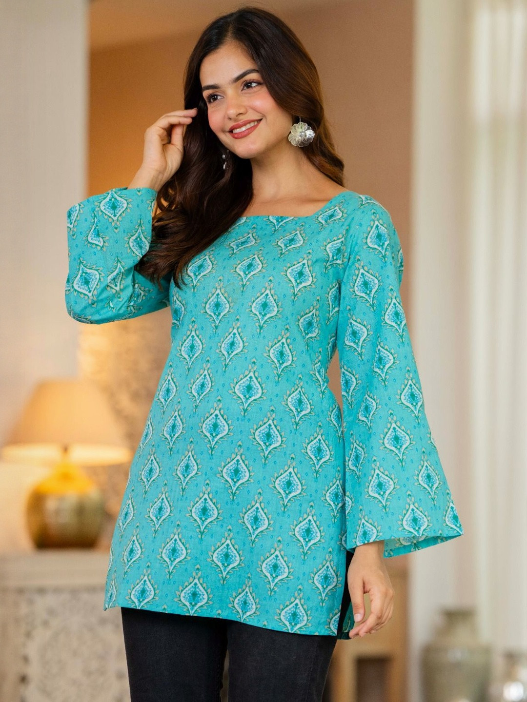 THE WHITE FEATHERS Women Ethnic Motifs Print Bell Sleeve Cotton Top