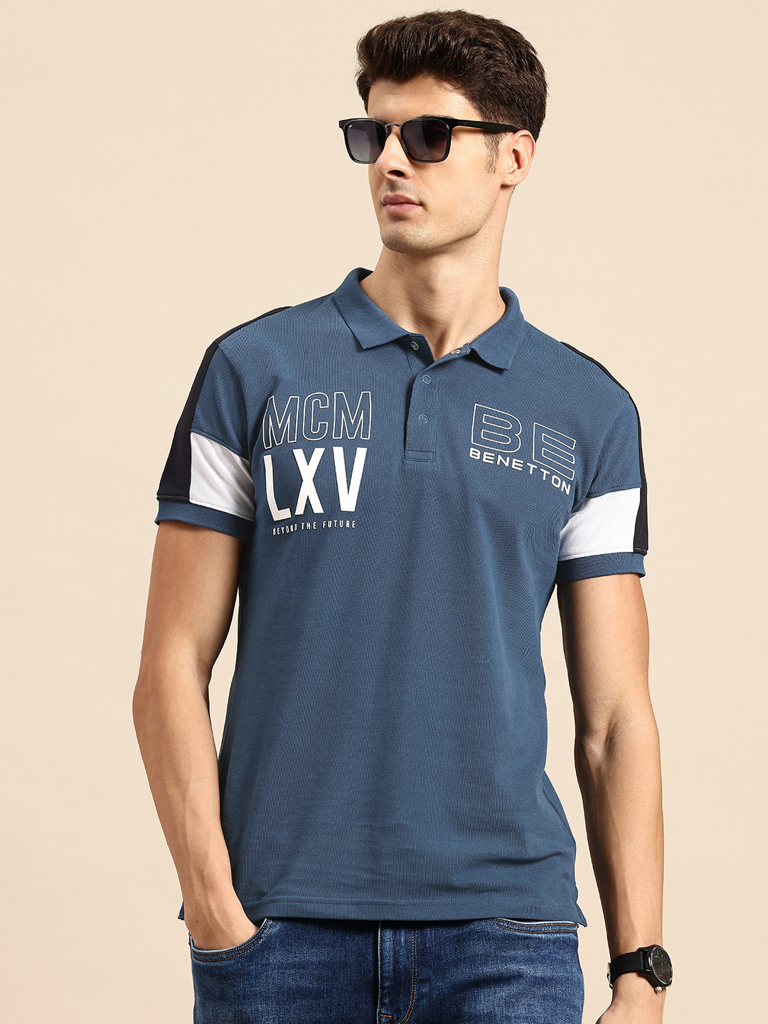 United Colors of Benetton Cut-N-Sew Detail Typography Printed Polo T-shirt