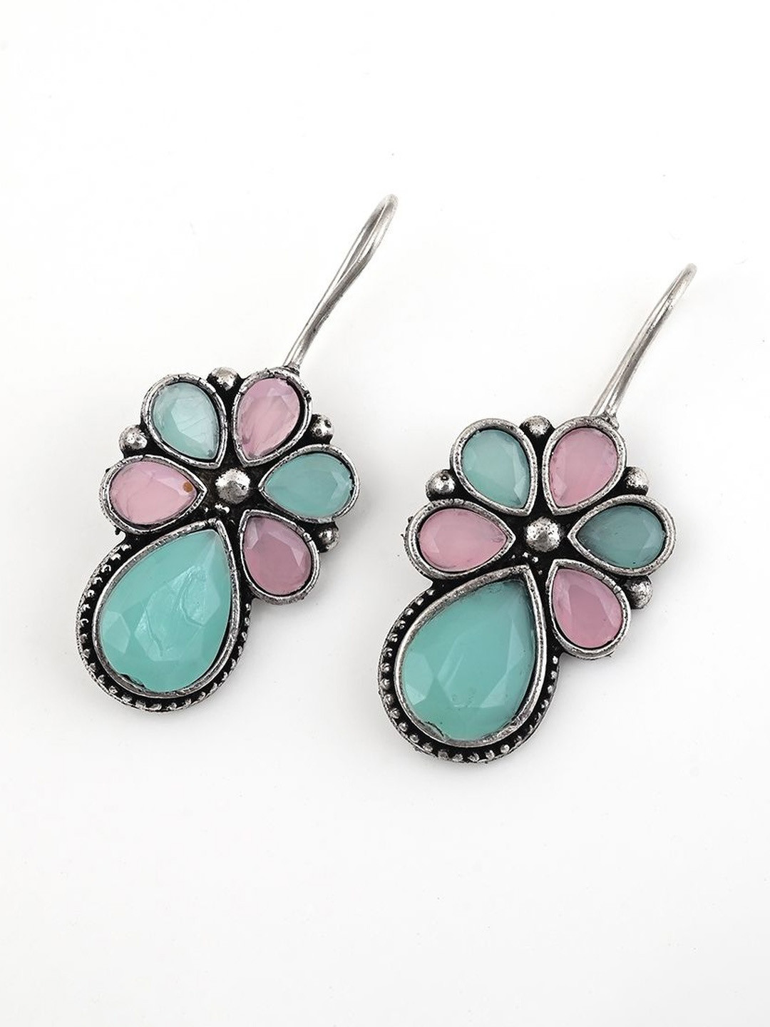 BELLORRE Women Pink & Blue Enamel Oxidized Teardrop Earrings