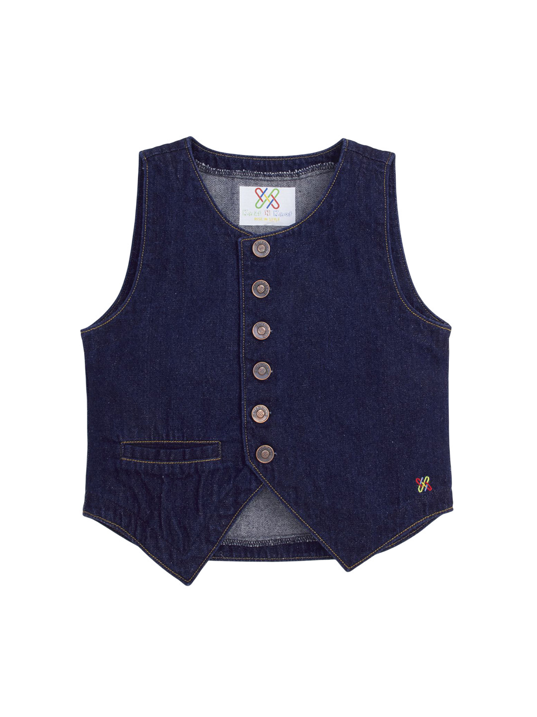 Knit N Knot Girls Pure Cotton V-Neck Denim Indigo Waistcoat