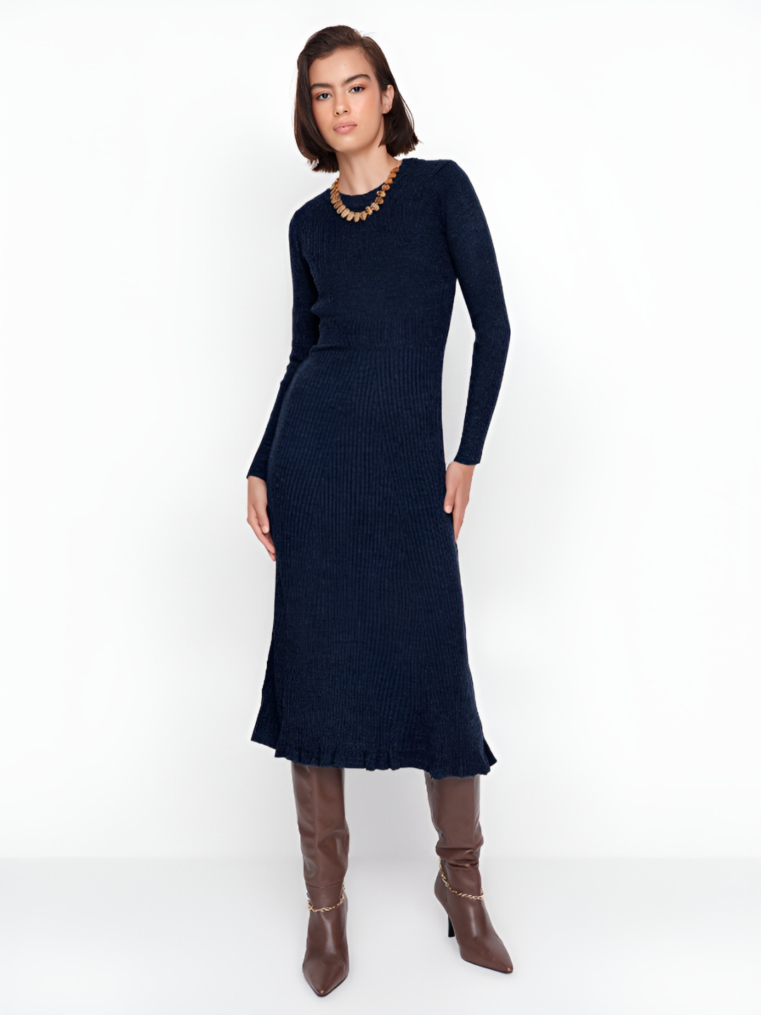 Trendyol Lacivert Women Round Neck Sheath Midi Dress