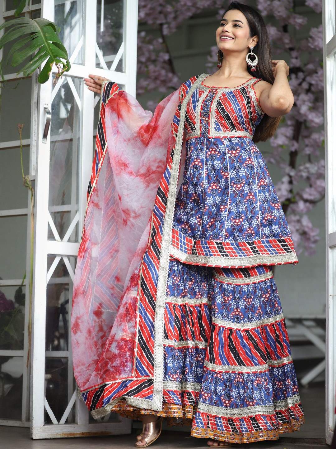 Jyoti Ethnic Motifs Printed Tiered Gotta Patti Pure Cotton Kurta With Sharara & Dupatta