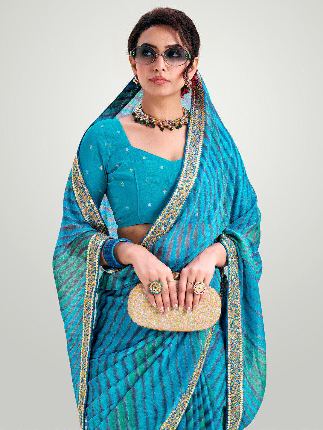 Mitera Lehriya Printed Embellished Sequinned Pure Chiffon Leheriya Saree