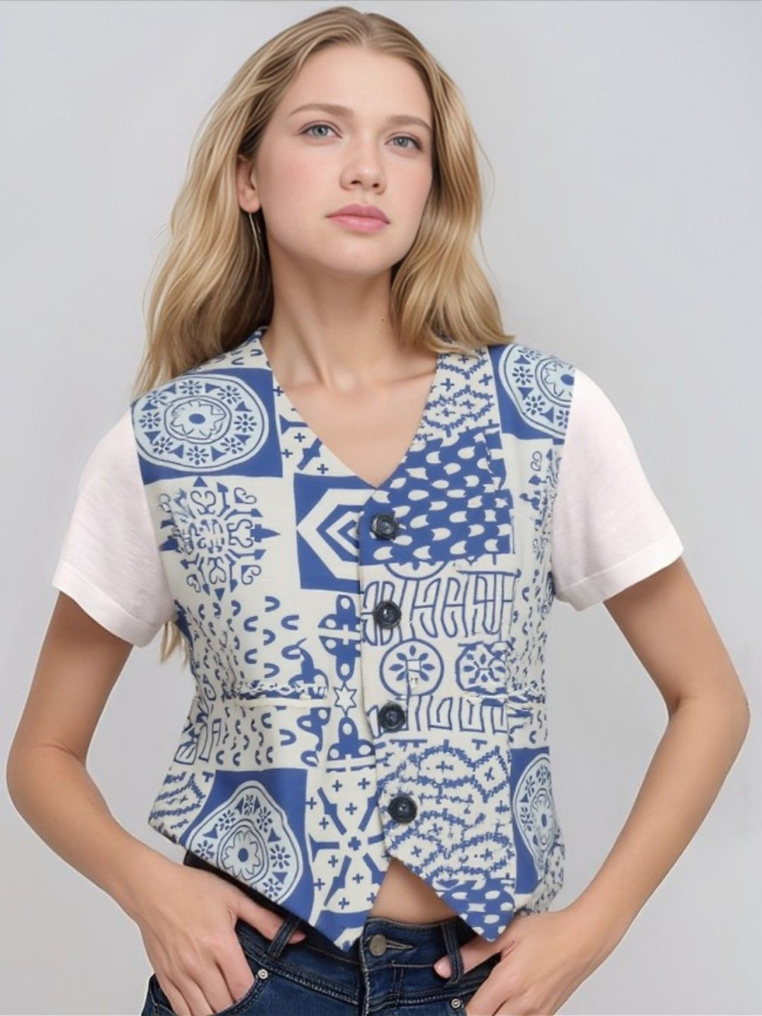 MAYKR Printed V-Neck Sleeveless Waistcoat