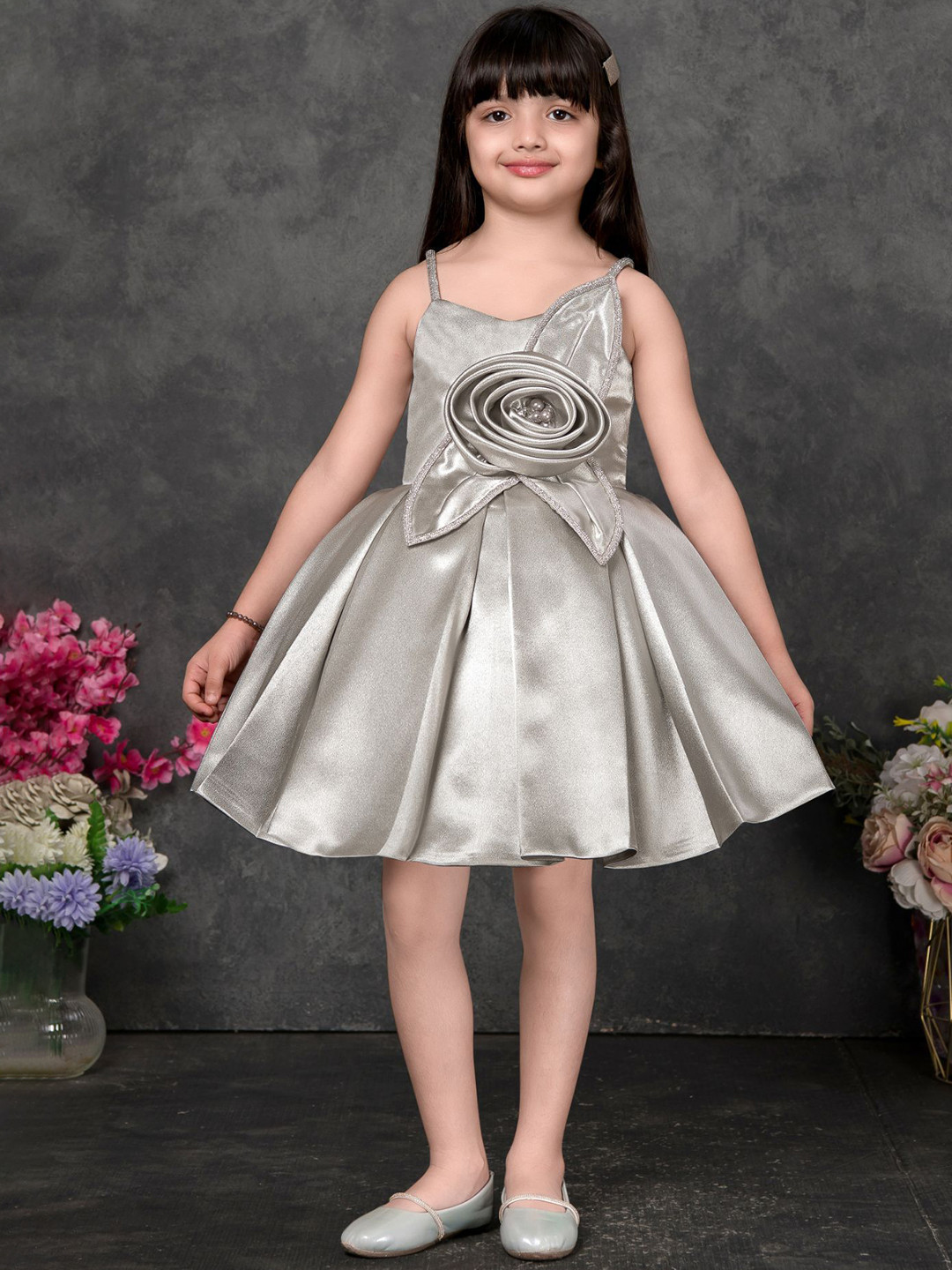 Lagorii Girls Shoulder Straps Satin Fit & Flare Dress with 3D Rose Detail
