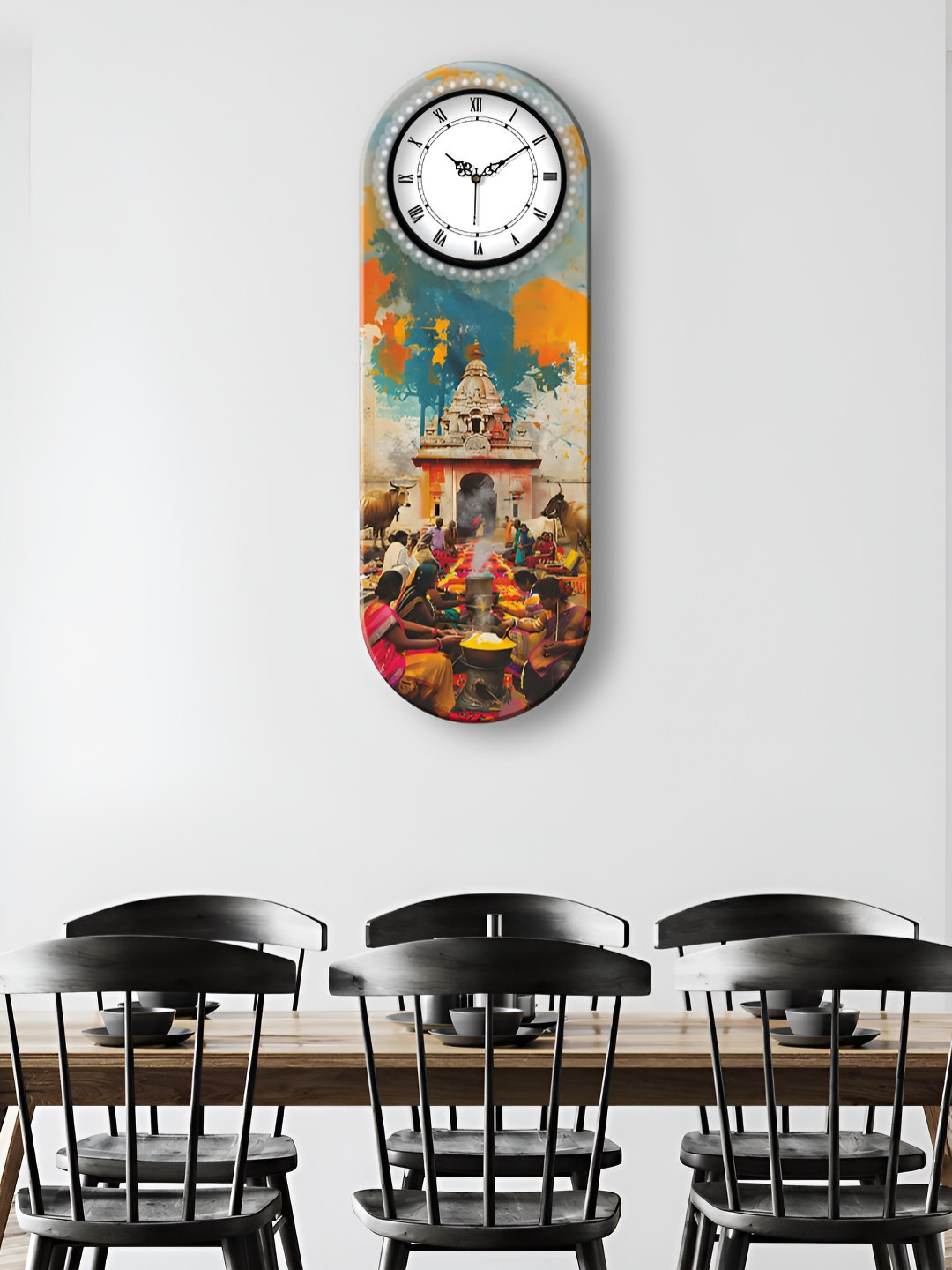 OLIVE TREE Brown & White Temple Printed Wooden Rectangle Shaped Wall Clock