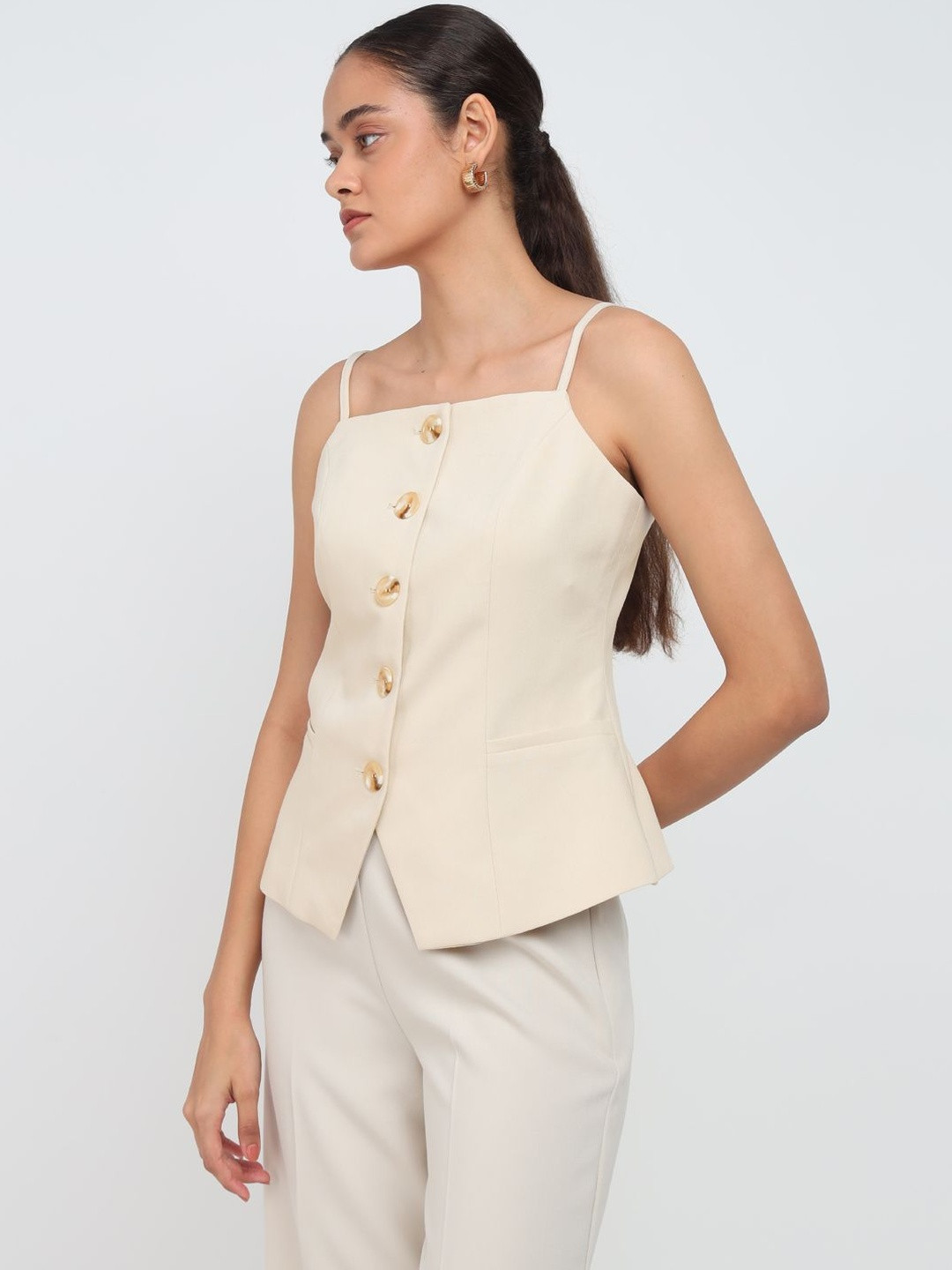 COVER STORY Women Shoulder Strap Solid Button Detailing Tailored Top