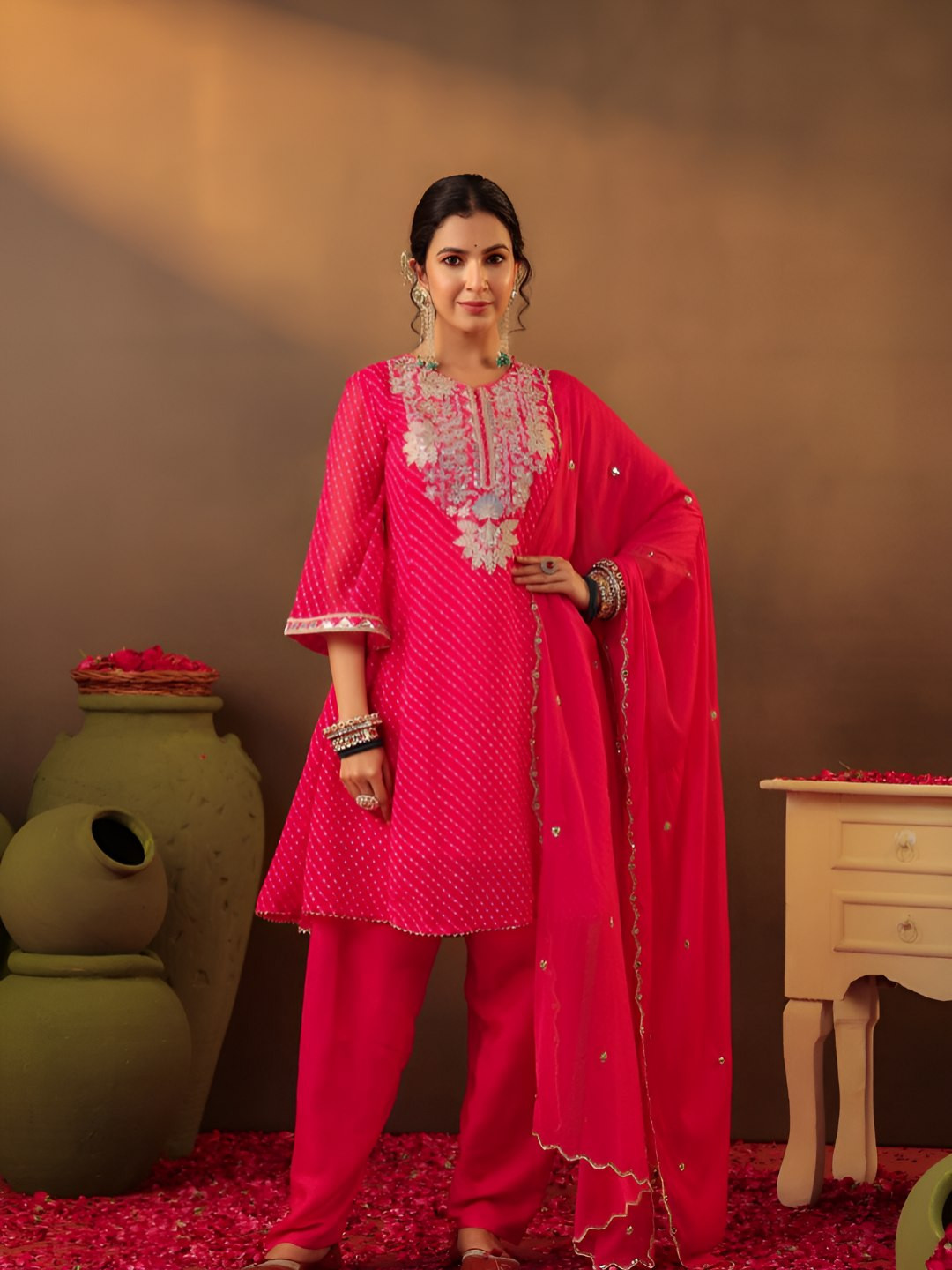 Shop Begum Women Ethnic Motifs Embroidered A-Line Kurti with Trousers & Dupatta