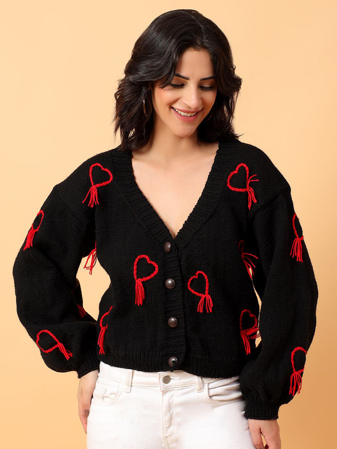 Velvery Women V-Neck Embroidered Long Sleeves Cardigan Sweater