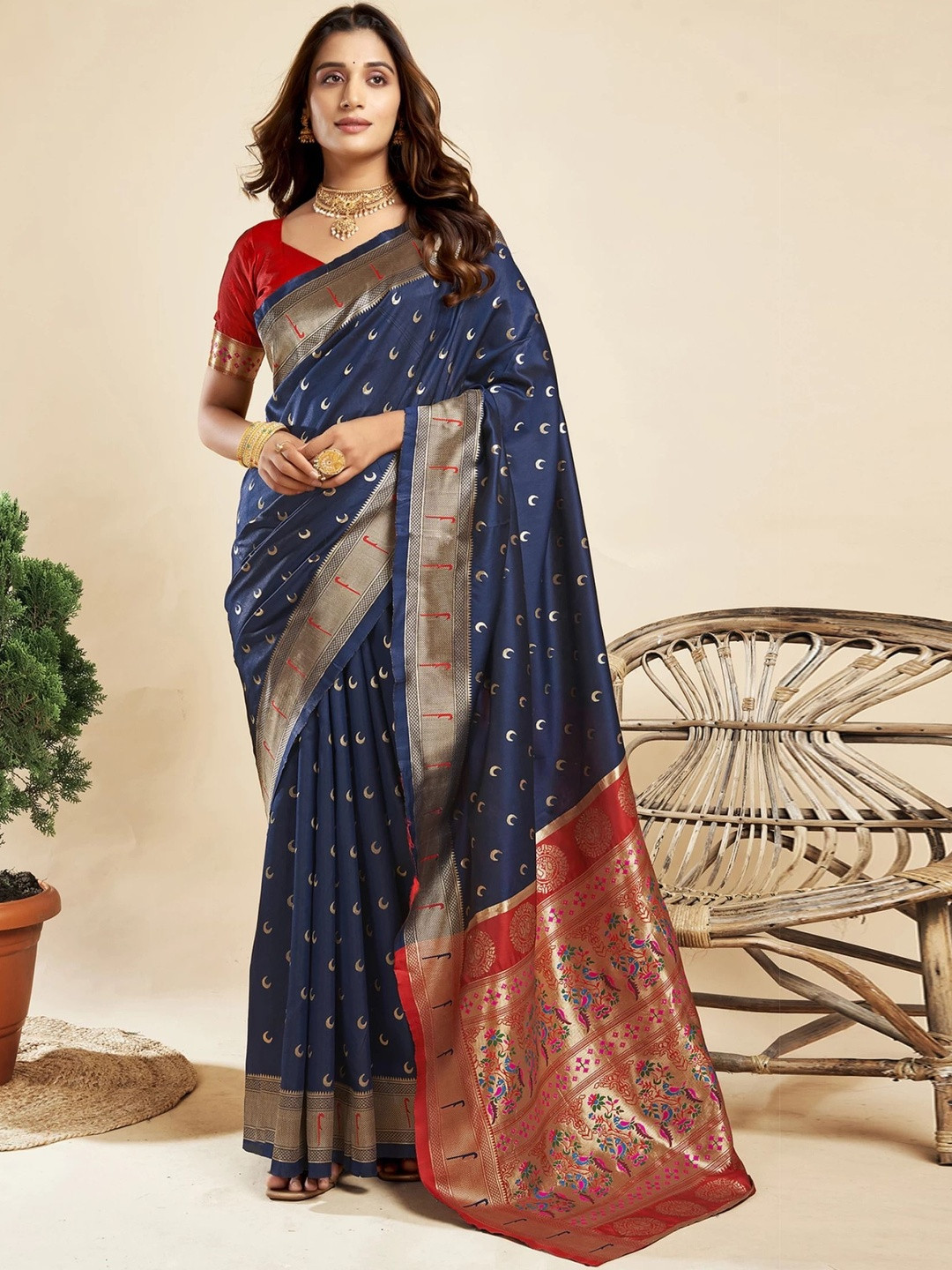 ETHNICHITZ Ethnic Motifs Woven Design Zari Designer Paithani Saree With Blouse