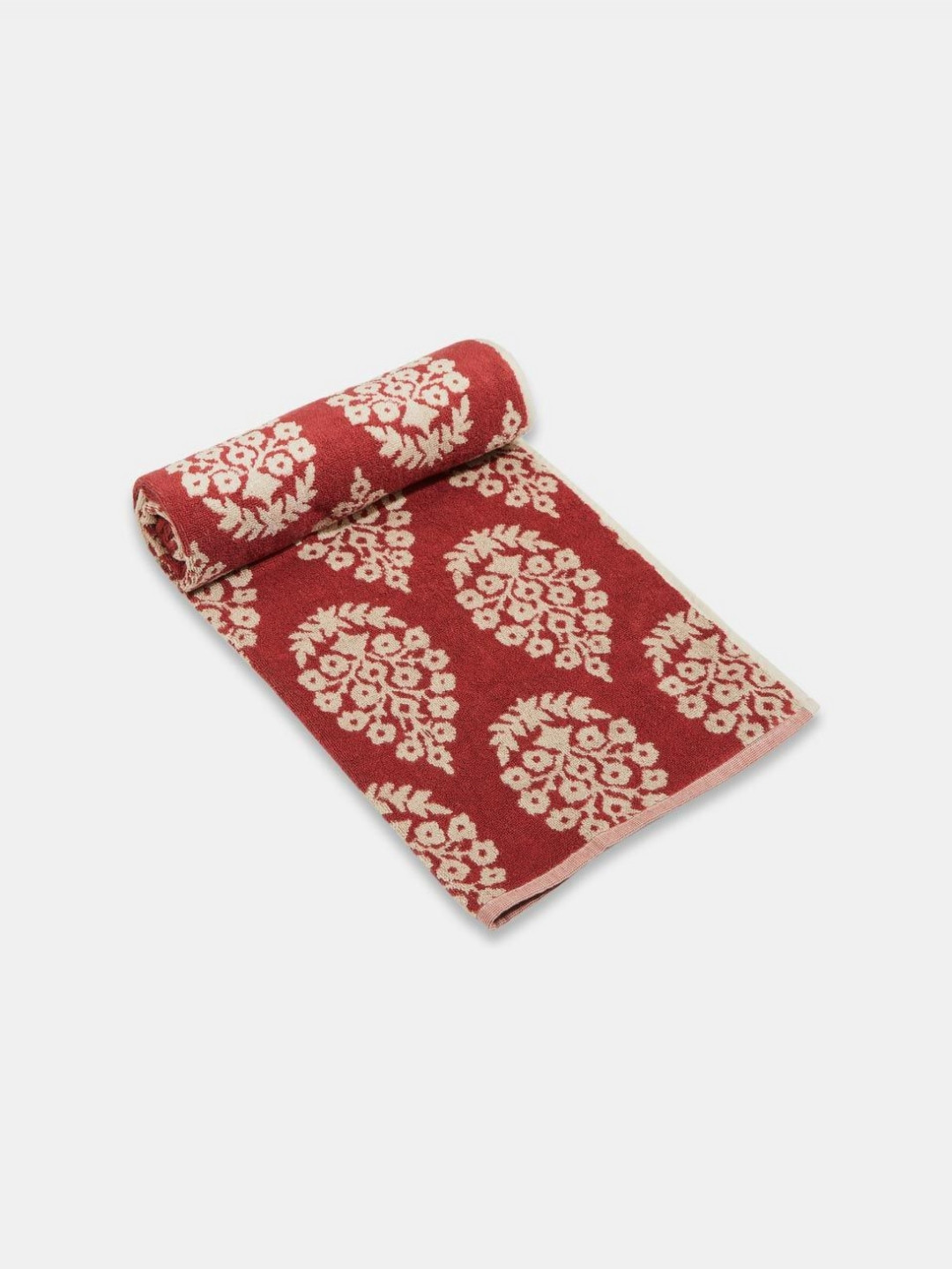 Fabindia Big Buta Red & Beige Printed Cotton 570 GSM Bath Towel