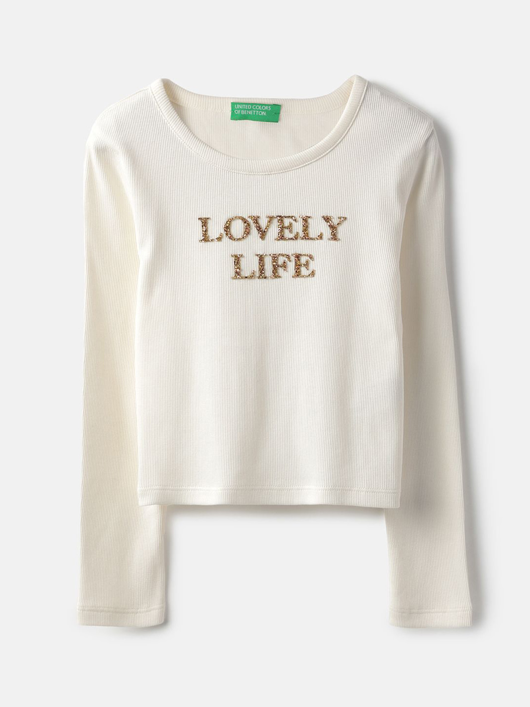 United Colors of Benetton Girls Typography Embellished Round Neck Cotton T-shirt