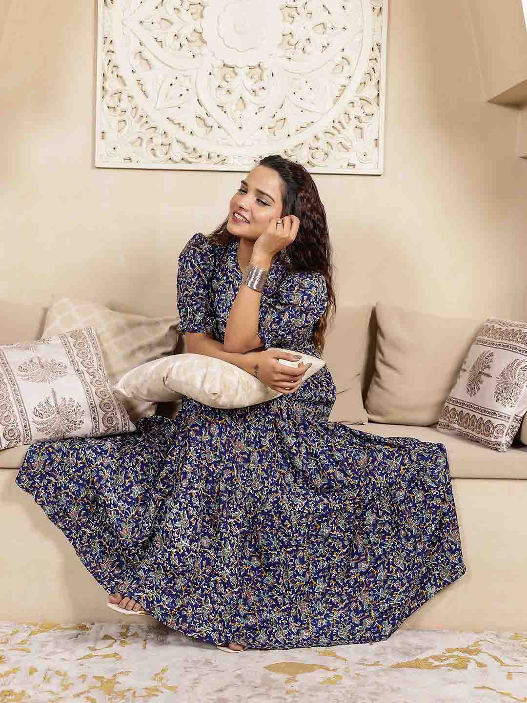 PRESHA Floral Printed Tiered V-Neck Cotton Fit & Flare Maxi Dress