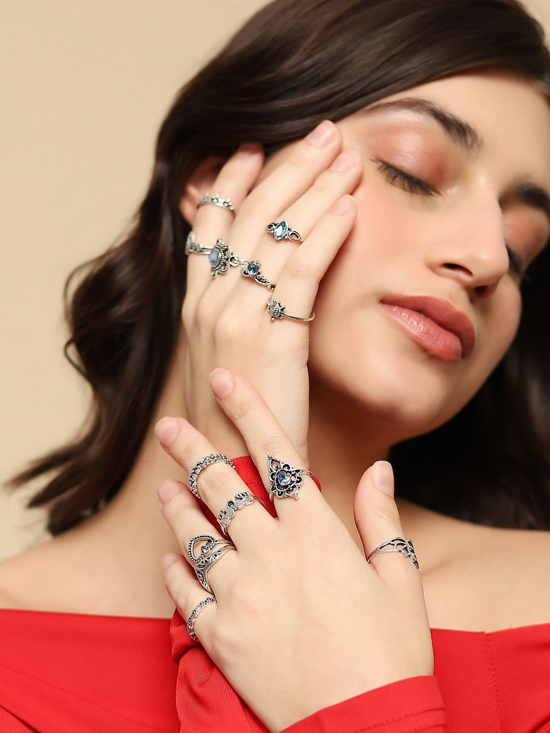 SOHI Set Of 13 Sliver-Plated Oxidized Bohemian Multi-Layer Rings