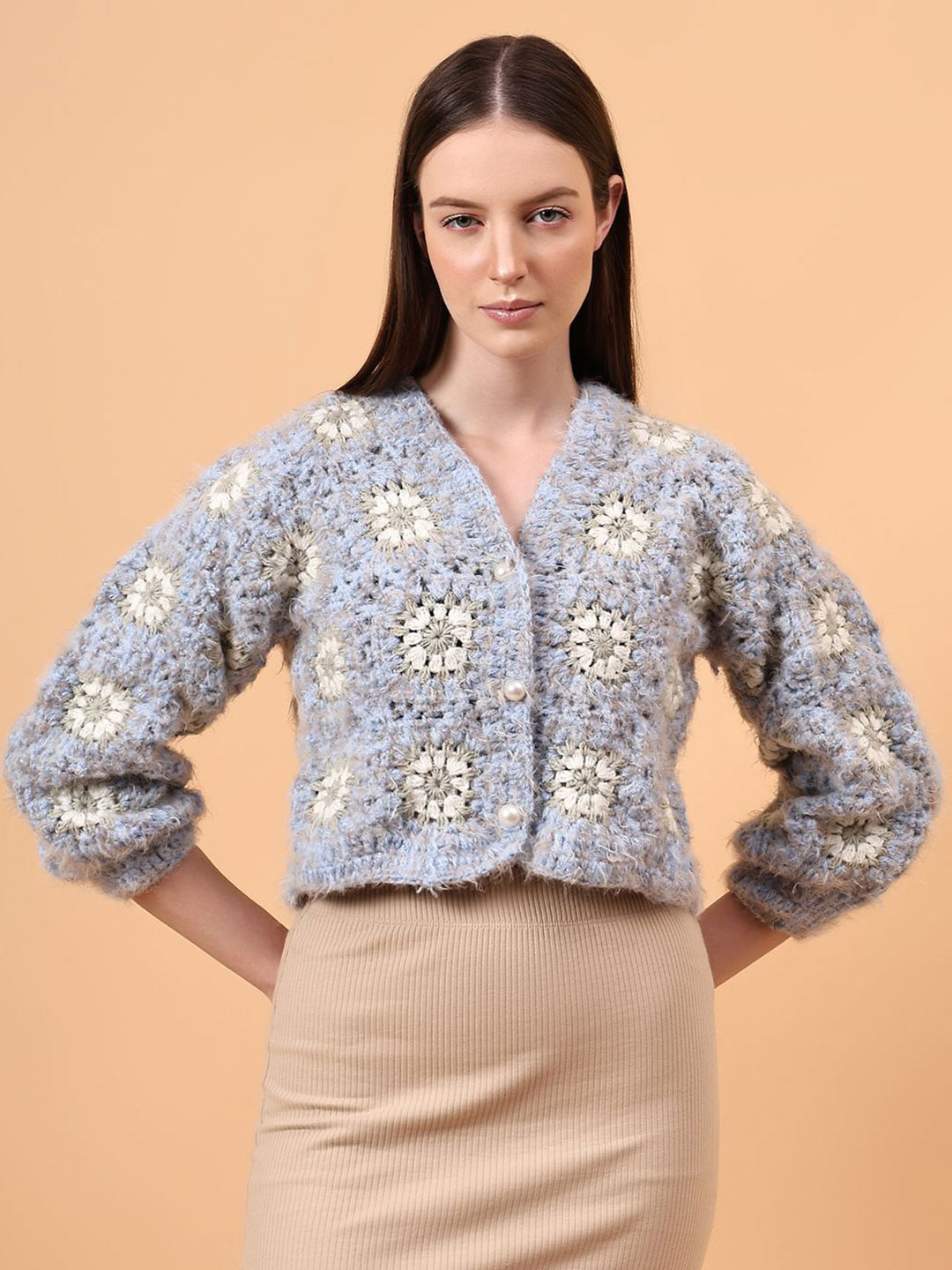 Velvery Fur Women Detailed Crochet Crop Cardigan