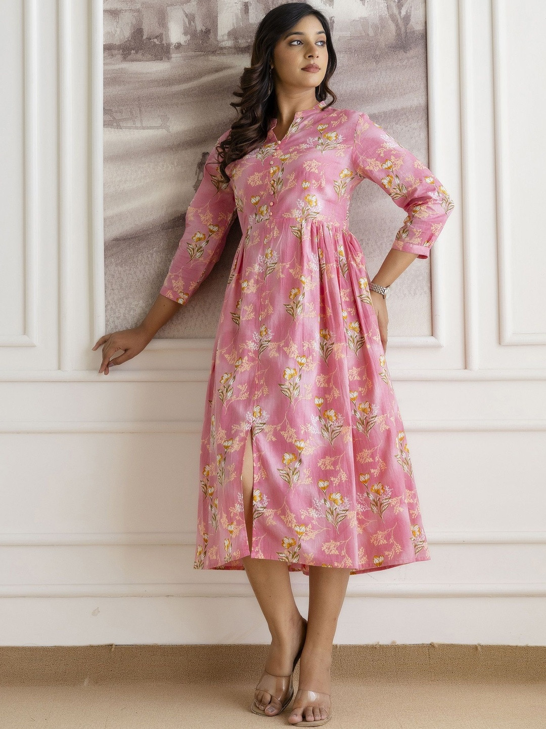 NG FASHION Floral Print Mandarin Collar Slit Cotton Fit & Flare Midi Dress