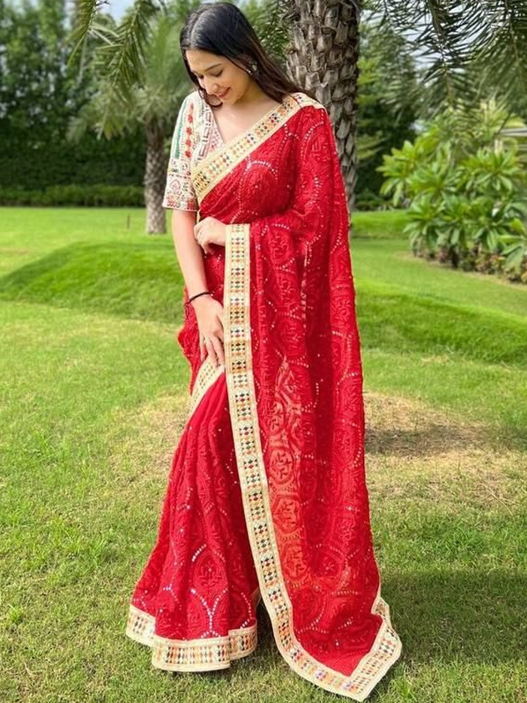 Supro Lifestyle Embellished Embroidered Pure Georgette Bandhani Saree