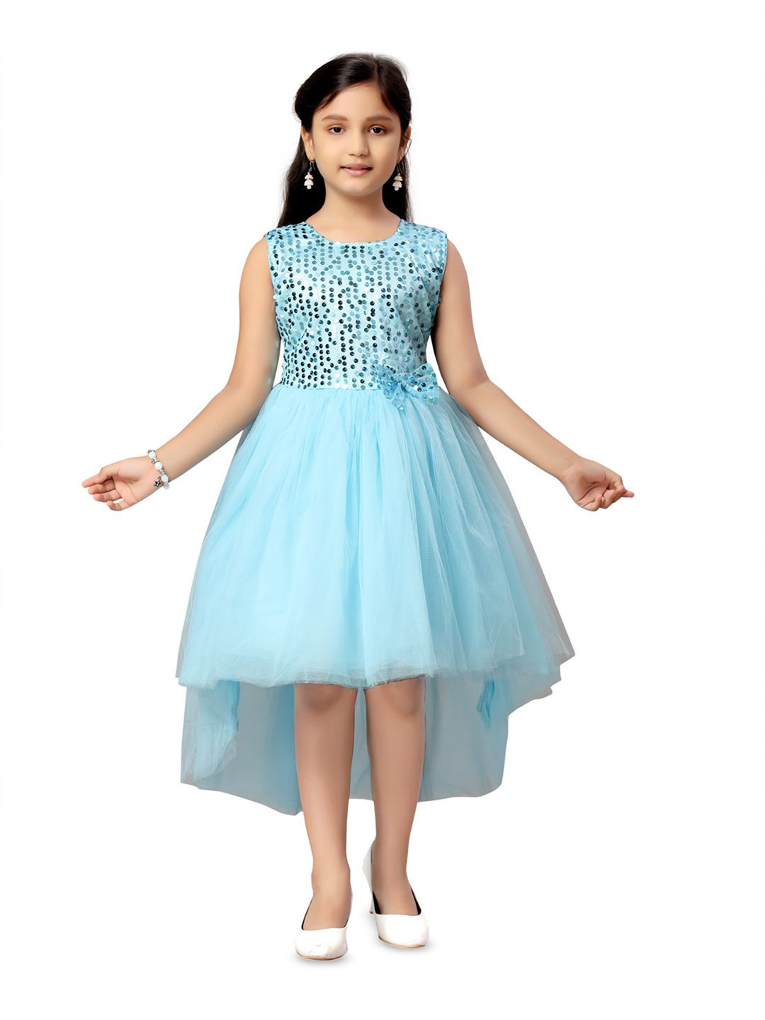 BAESD Girls Net Embellished Sequined Fit & Flare Dress With 2 Unstiched Sleeves