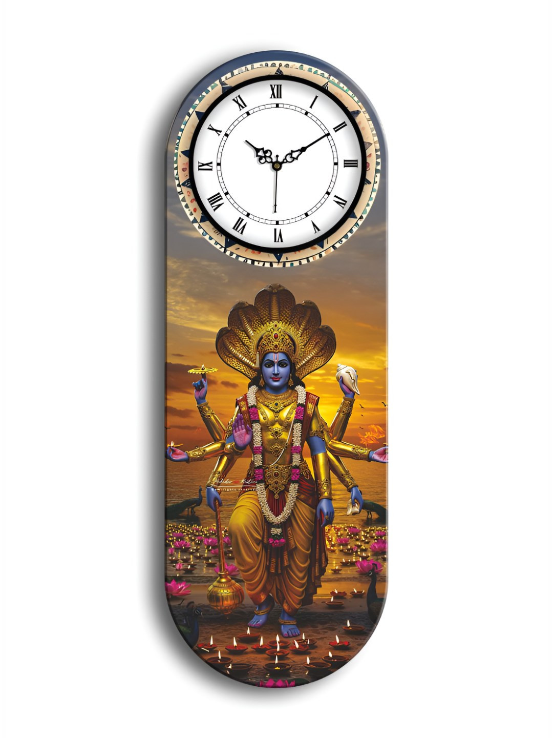 OLIVE TREE Brown & Yellow Lord Vishnu Printed Wooden Rectangle Shaped Wall Clock