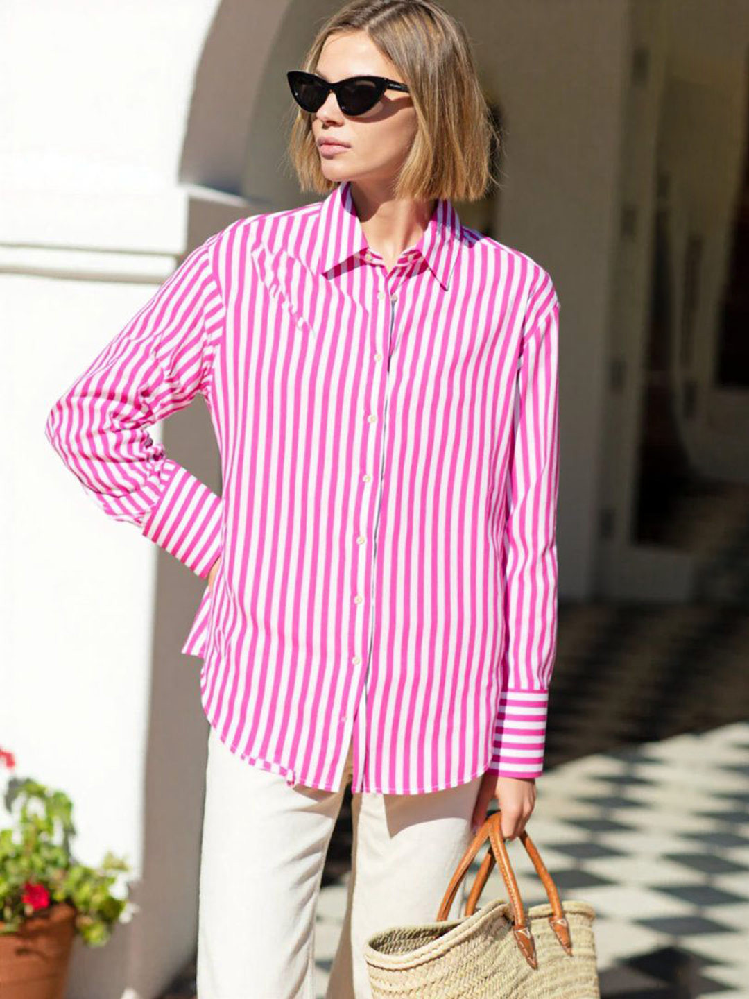 Outcast Women Calla Striped Linen Blend Shirt Pink Stripe