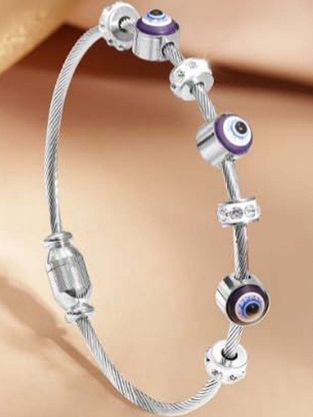 ISAMORA Stainless Steel Silver Plated Artificial Stones Studded Bangle-Style Bracelet