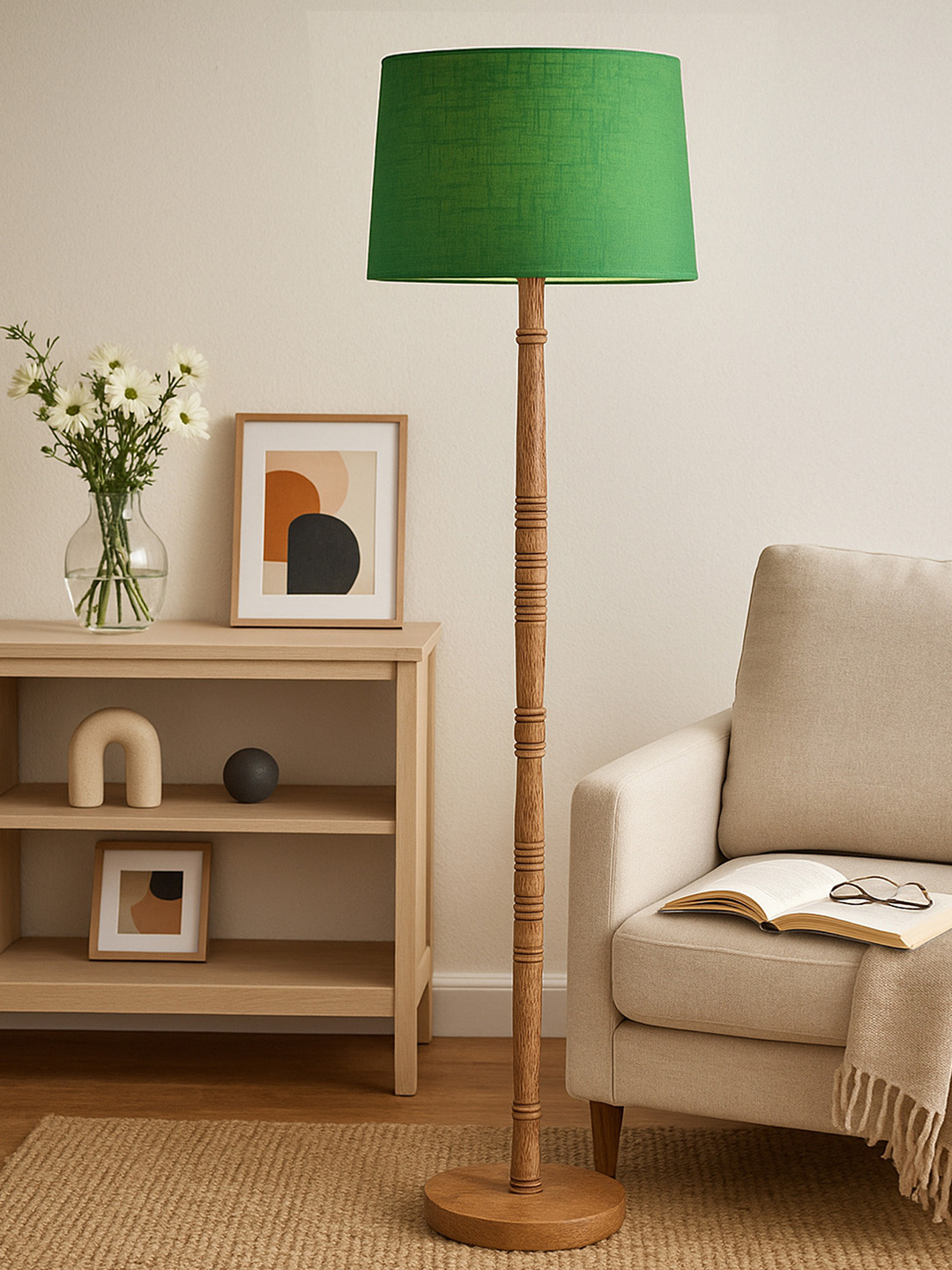 Homesake Green Wood Bell Shaped Table Lamp with Bulb