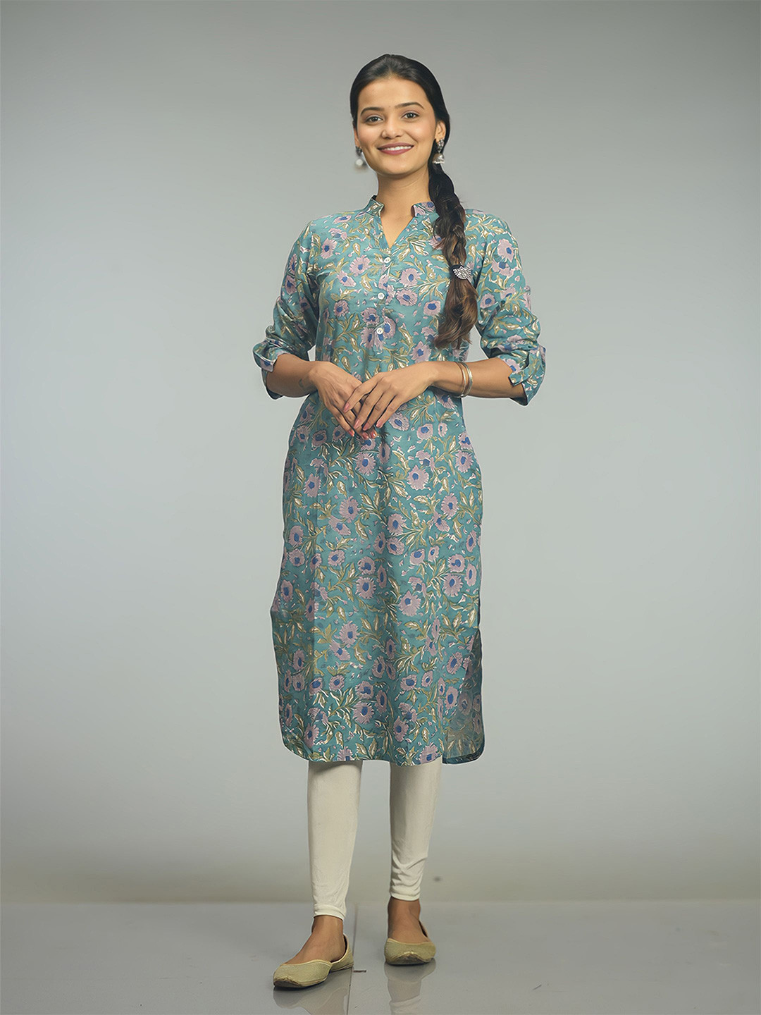 STREE BASICS Floral Printed Cotton Mandarin Collar Straight Kurta